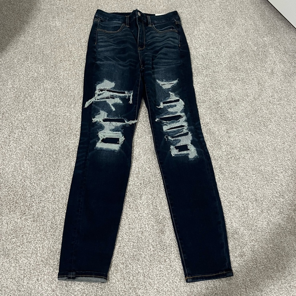 American Eagle next level stretch curvy super hi-rise, shadow patched blues